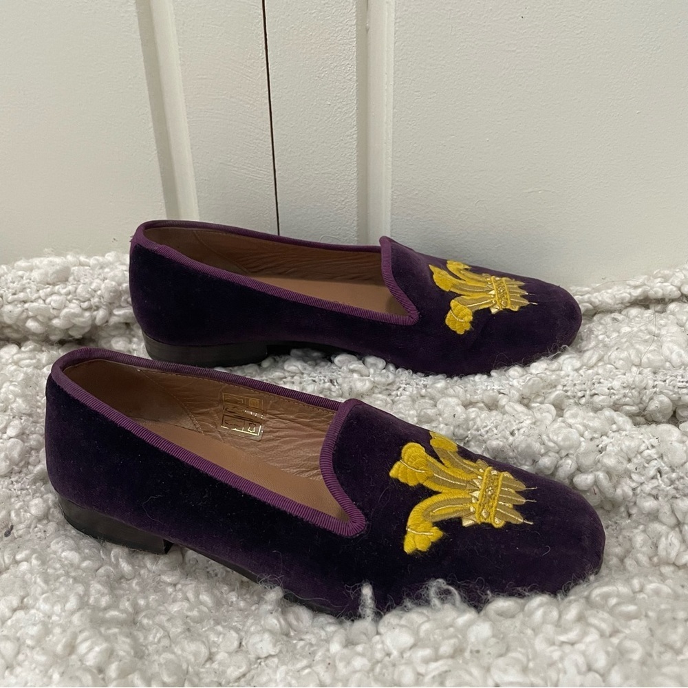 Stubbs & Wootton Purple Loafers with Gold Embroidery